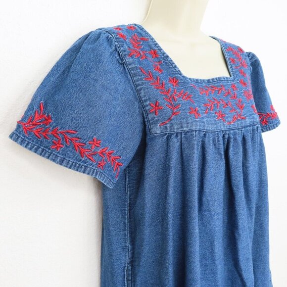 Loungees Womens Small Red Embroidered Flower Chambray House Dress Nightgown PJs - Picture 2 of 8